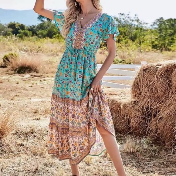 Boho Gypsy Floral Short Sleeve Long Casual Dress